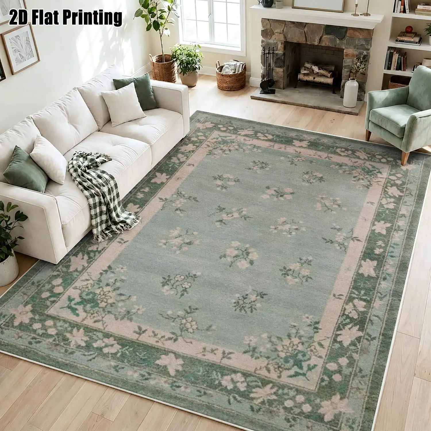 1Pc 2D Printed Velvet Carpet, Light Blue Base Pink Floral, European Vintage Style, Home Decor, Multi-Size Machine Washable, Multi-Scene Use