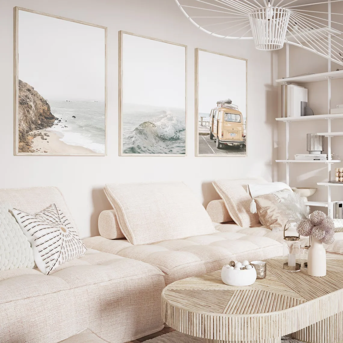 Retro Surf Coastal Gallery Wall Decor Print Set - Ideal Gift for Beach House Owners, Surf Enthusiasts, or Anyone Styling Cream-T