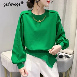 Spring Autumn Round Neck Solid Color Irregular Sweatshirt Female Loose Casual Patchwork All-match Pullovers Women Chic Chain Top