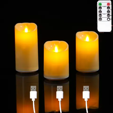 1 또는 3 조각 USB 충전 원격 제어 LED 장식 이동 심지 양초, 10/12.5/15 cm 충전식 춤 교회 양초