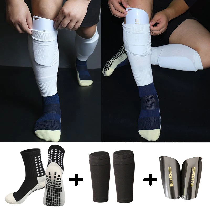 

Football Shin Guards With Pocket Practical Leg Guards Adults Kids Support Anti-Slip Soccer Sock Compression Calf Protector Gear