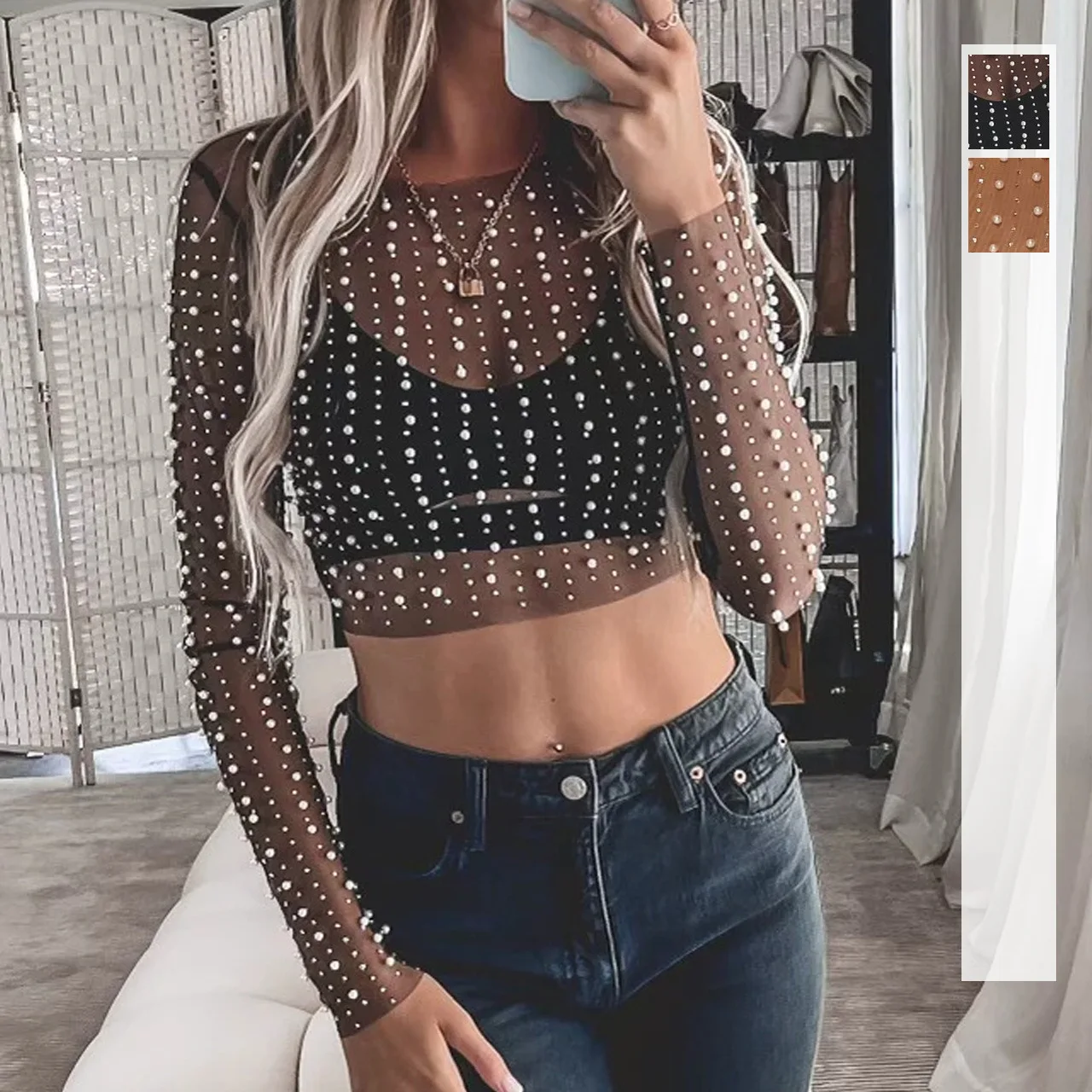 

Новые летние модные сексуальные младенцы, прозрачный сетчатый короткий топ с жемчугом для ногтей 0144