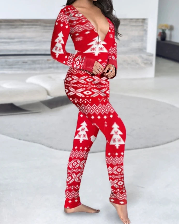 Christmas Print V-Neck Jumpsuit Functional Buttoned Flap Adults Pajamas One Piece Overall