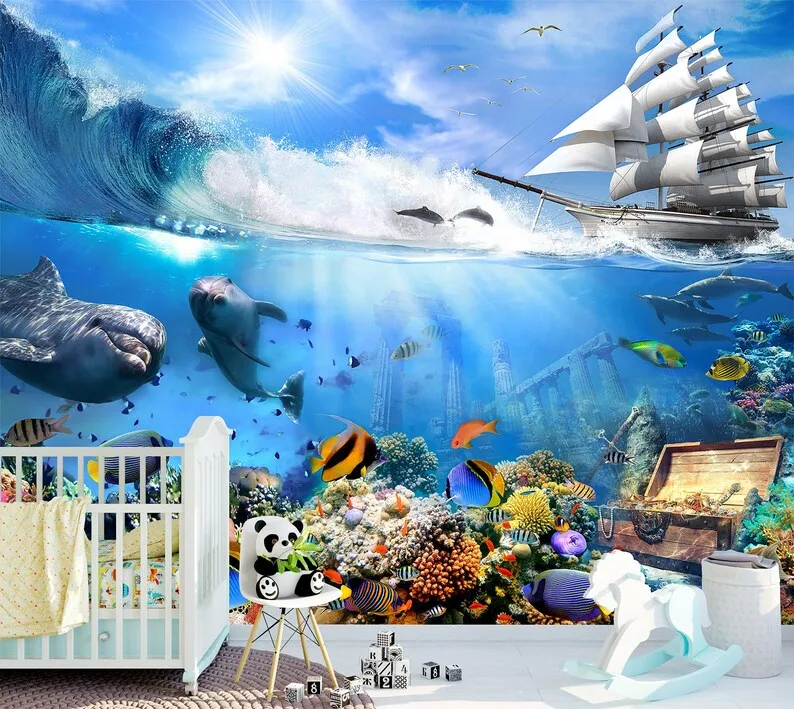 Underwater Kids Wallpaper Cartoon Shark Dolphin Turtle Animal Peel and Stick Self Adhesive Non Woven Removable Children Wall Mur