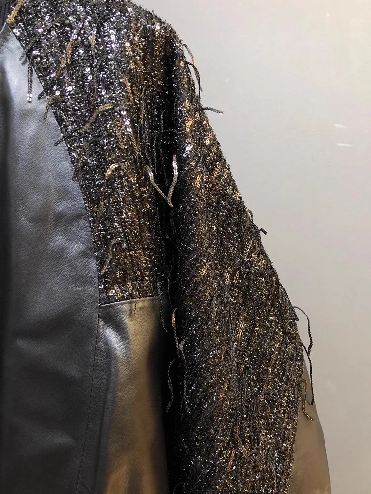 الشارع عارضة المرأة سترة جلدية حقيقية Batwing كم الترتر شرابة الأزياء المرقعة فضفاضة تناسب ملابس خارجية معطف جلد الغنم