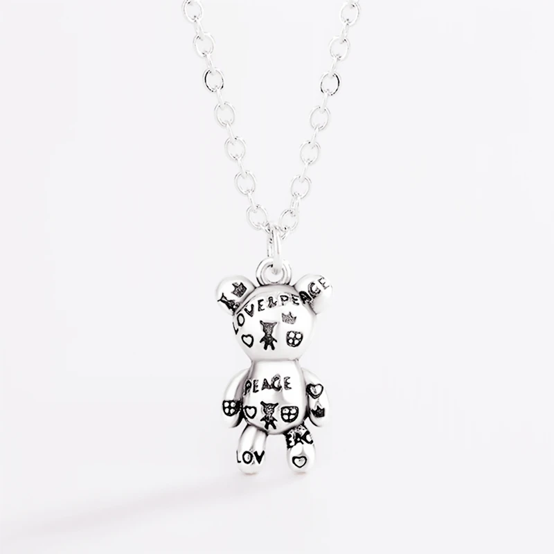 Retro Graffiti Bear Cartoon Cute Animals 925 Sterling Silver Necklace For Women Birthday Gift NE685