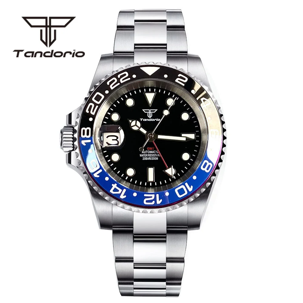 Tandorio GMT NH34A Left-Handed Screw Crown 20Bar Stainless Steel Automatic Dive Watch for Men Sapphire Glass Rotating Bezel Date