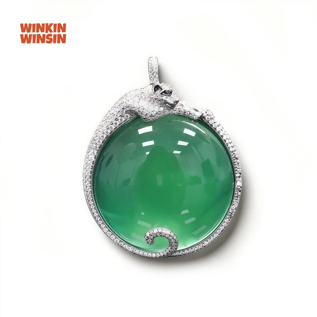 

WINKIN WINSIN Brand MCT High Quality 925 Sterling Silver Leopard Emerald Natural Jade Marrow Pendant Necklace Jewelry