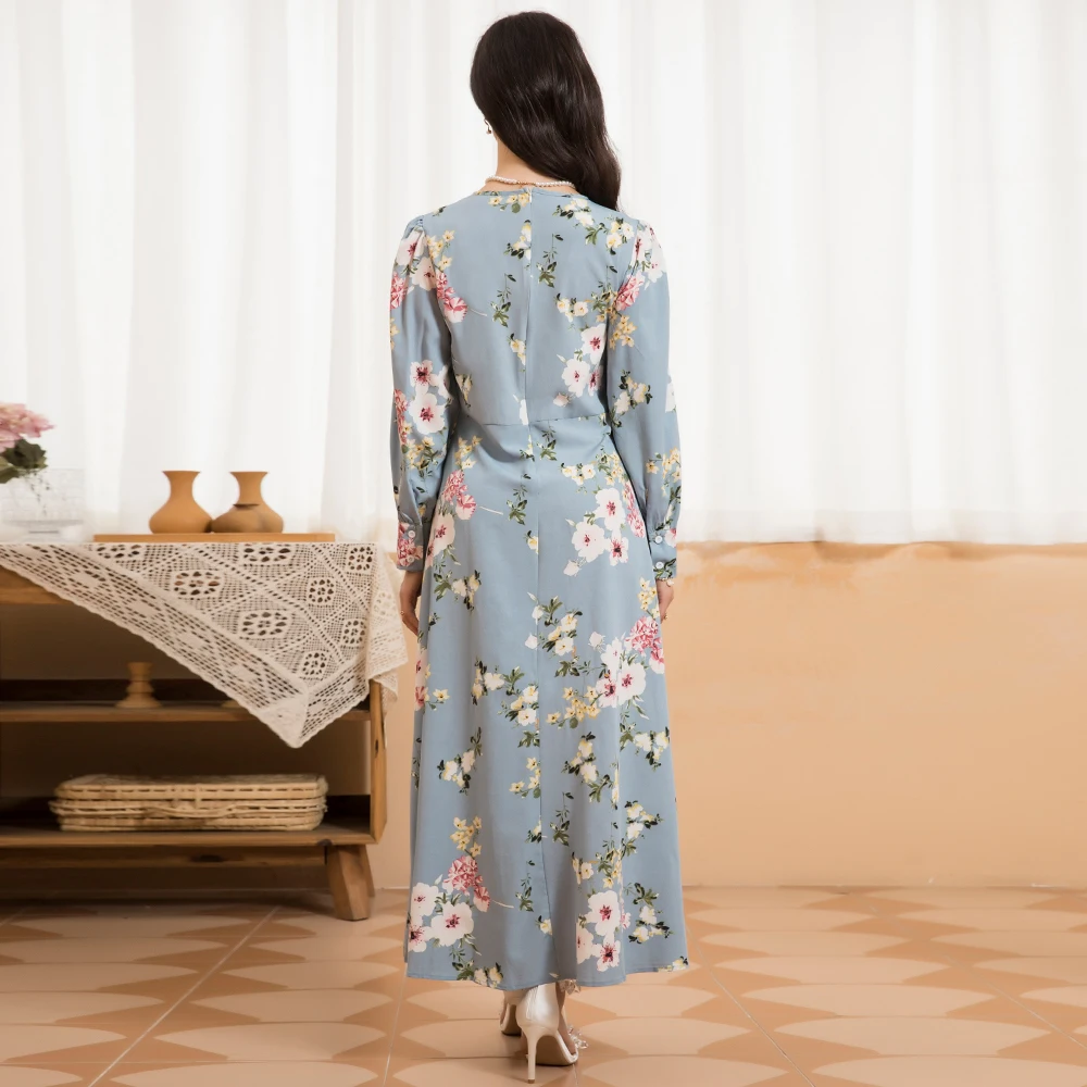 Holiday style Round neck Flowers Lantern sleeve Long Dresses