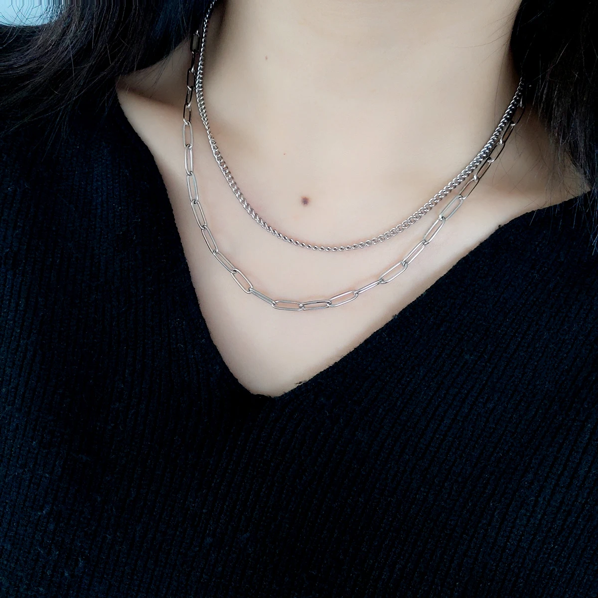 Versatile and simple, double-layer silver stainless steel chain, short collarbone chain, neck chain, necklace, women's accessory view 6