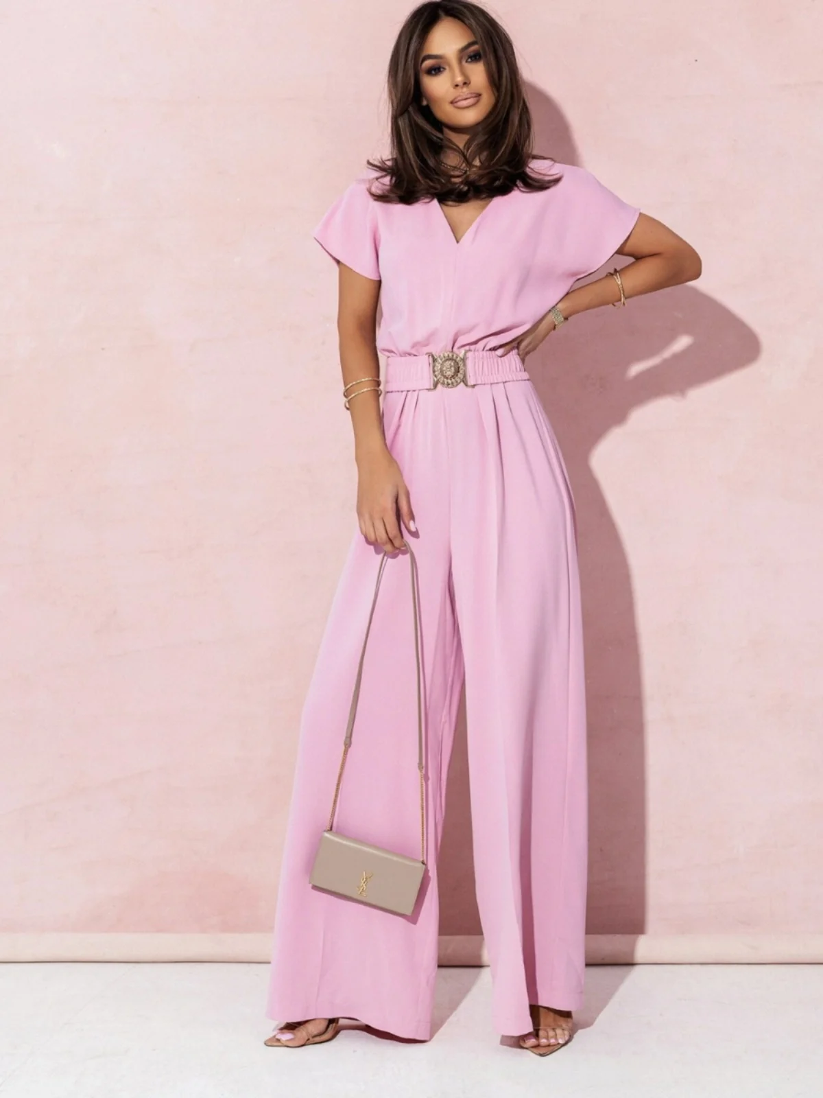 Spring Summer New V-neck Fashionable Pure Color Simple Loose Wide Leg Short Sleeve One-piece Long Pants Jumpsuit Street Style...