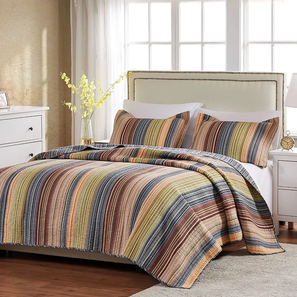 Greenland Home Katy-Ensemble de couette à rayures réversibles, multicolore, 100% coton, 3 pièces, complet, reine