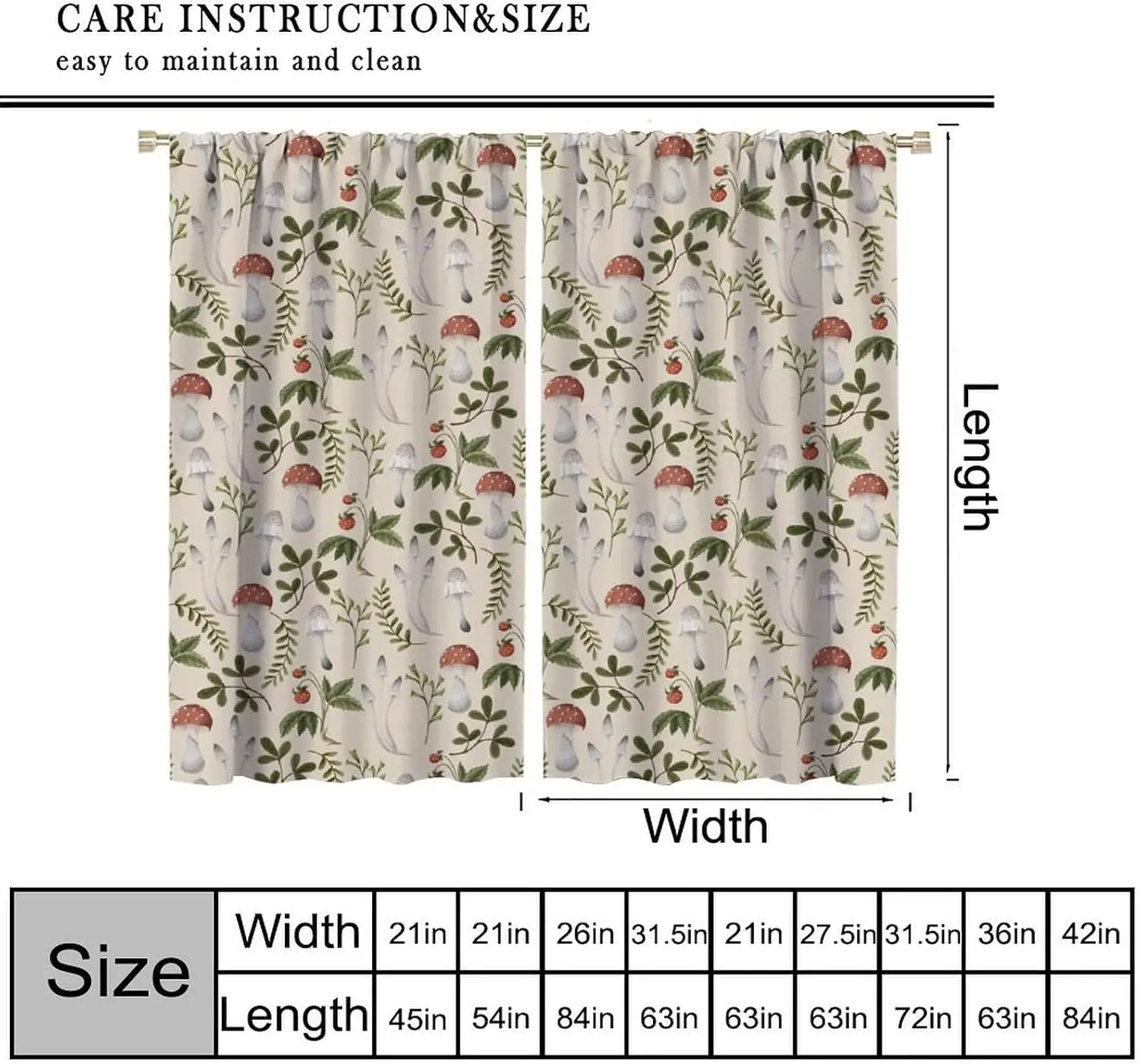 Forest Mushroom Theme Curtain 2 Panels Multi Toadstool Leaf Berry Texture Beige Tone Base Cozy Vintage Living Room Home Curtains