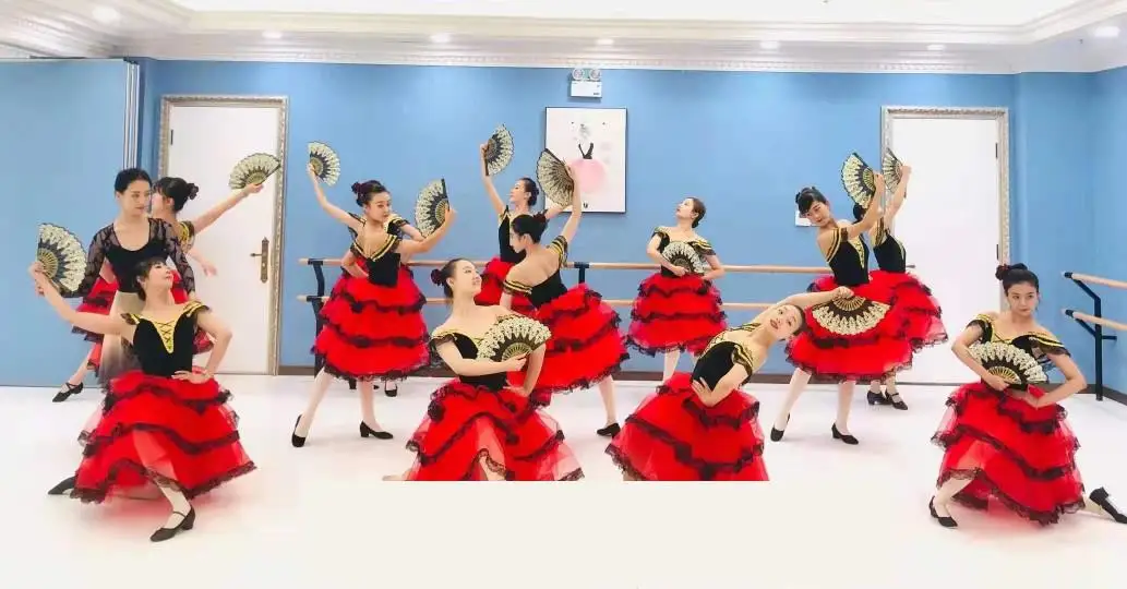 Straped Red Spanish Dress For Adult Girls Long Romantic Ballet Tutus Performance Tutu Costumes Ballerina Dresses Velvet Bodice