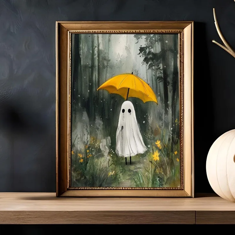 Forest Ghost Holding Bright Yellow Umbrella Wildflowers Misty Halloween Canvas Poster Prints Frameless Wall Art Cute Decorations