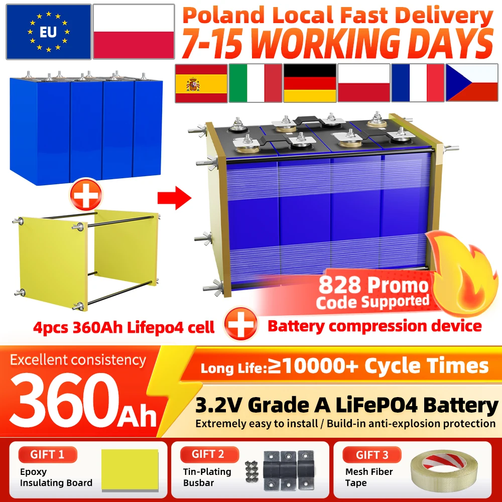 Nowa bateria LiFePO4 3.2V 360Ah, klasa A, ogniwo litowo-żelazowo-fosforanowe z urządzeniem do kompresji baterii, 10000 cykli, wyjątkowo łatwa w instalacji, wbudowany inteligentny BMS, DIY 12V/24V/48V,