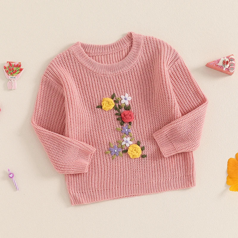 2024-06-06 Lioraitiin 6-18M Toddler Baby Girl Knit Sweater Flower Embroidery Crew Neck Long Sleeve Pullover Tops for Fall Winter