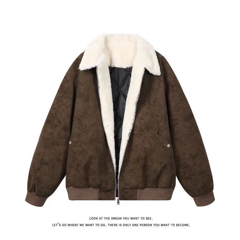 

Зимняя замшевая ткань в стиле Майяра с подкладкой из шерпа, воротником с лацканами, куртки на молнии, пальто для пар, мужская утепленная флисовая верхняя одежда в стиле ретро