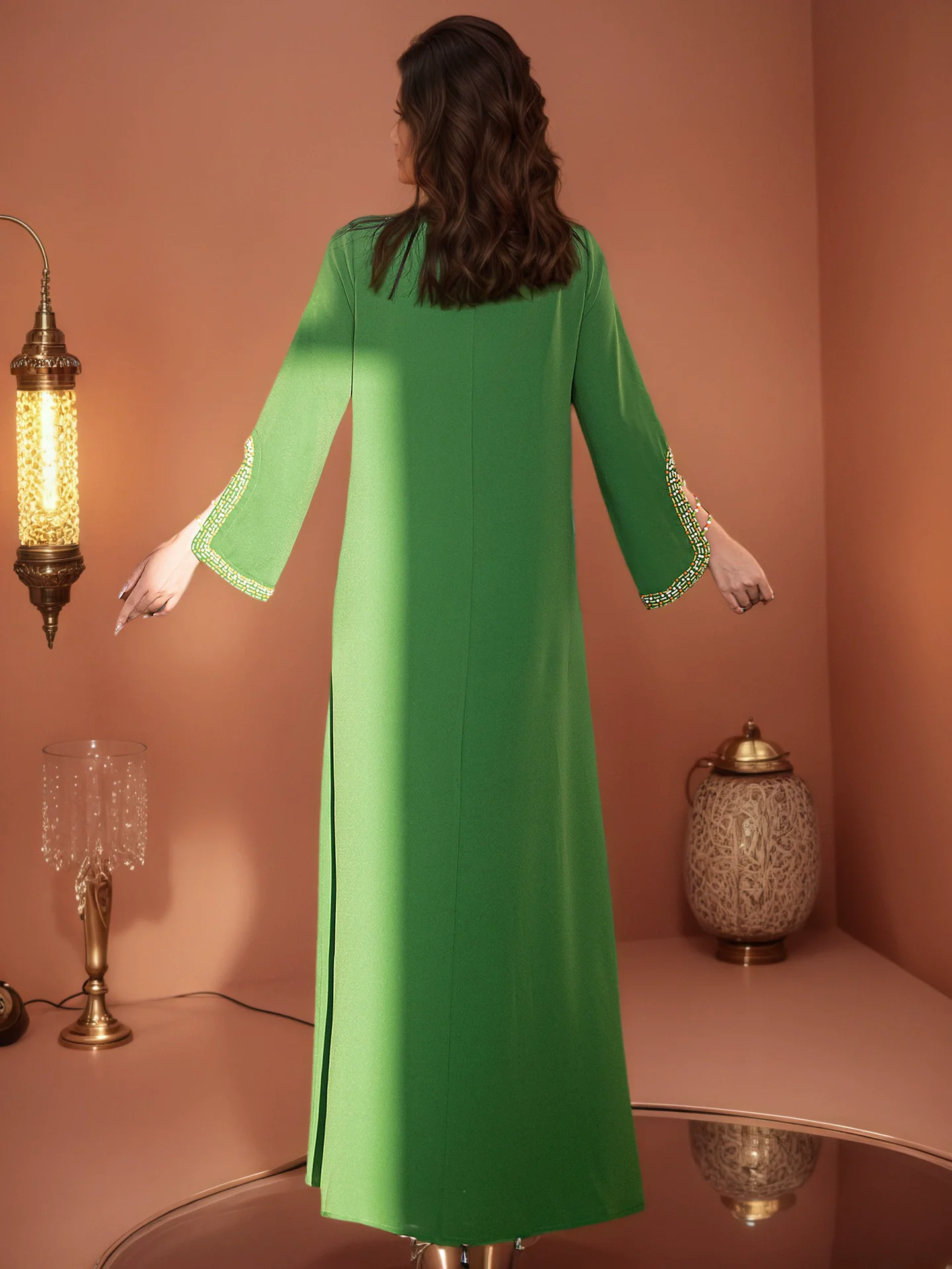 Ramadan Muslim new women's clothing European and American light luxury long sleeved loose slit fashion dress with diamonds