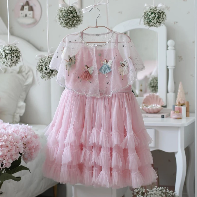 Girls Cake Layered Dress Children Spaghetti Strap Tulle Gown with Shawl Cape Party Pageant Formal Celebration Dresses Costume