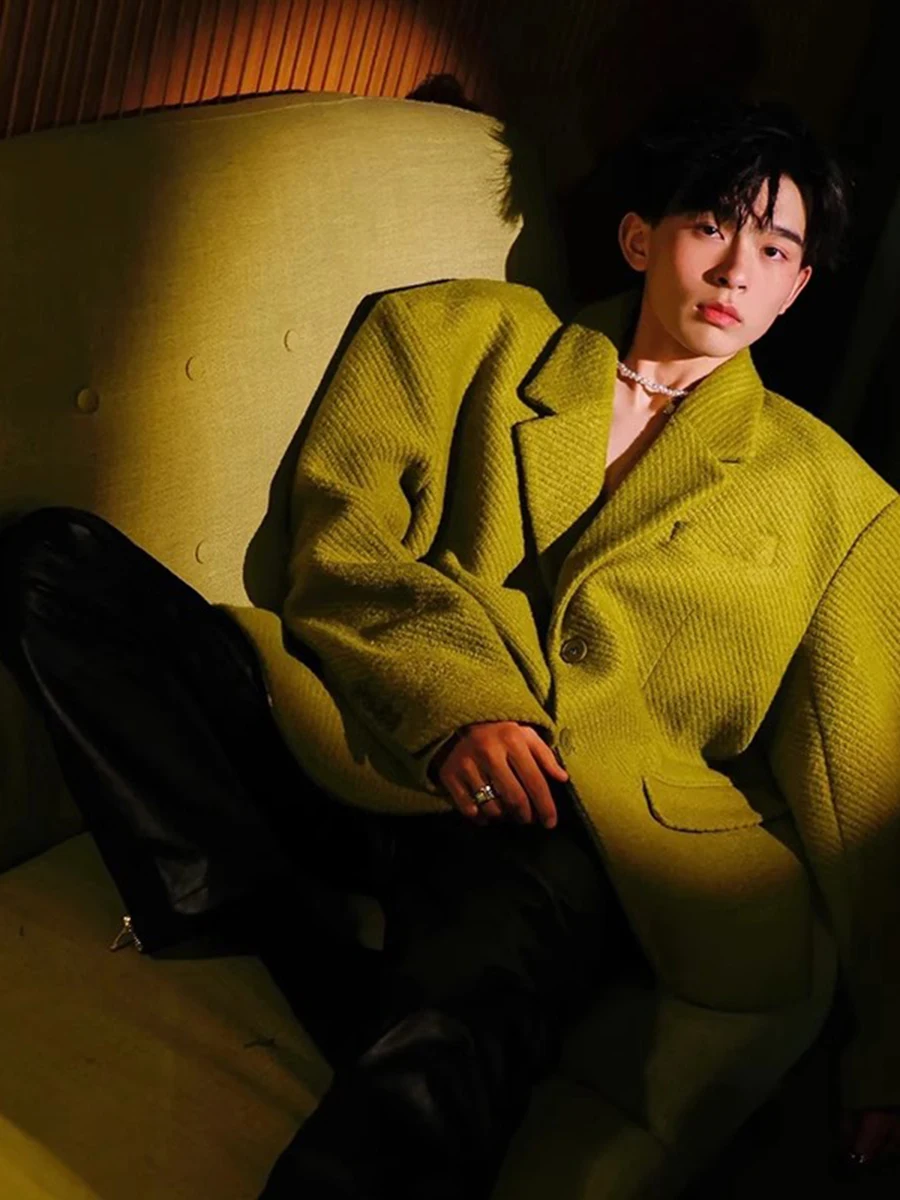 

Casual Briti Sle Men's Suit Jaet Autumn Spring Luxury Woolen Tuxedo Top Youth Faion Trendy Outfit Casual Wear