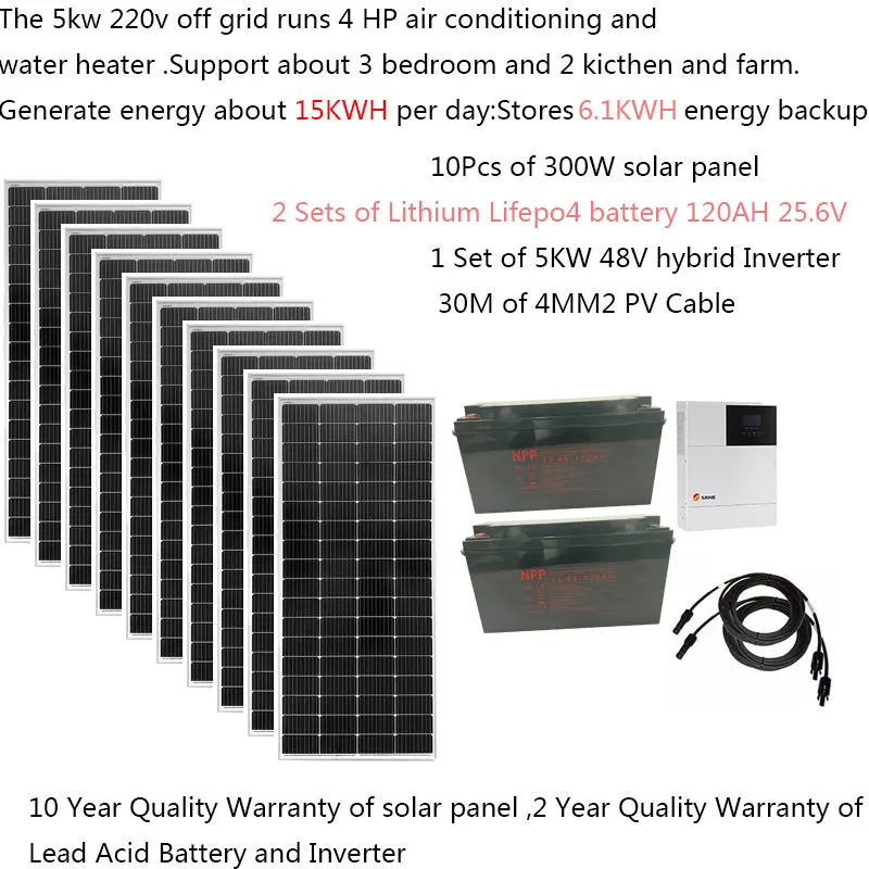 Solar Panel Kit Complete 5KW 5000W 220v 110v Pv Panel 300W Lithium Lifepo4 Battery 120AH Hybrid Inverter Off Grid System Home