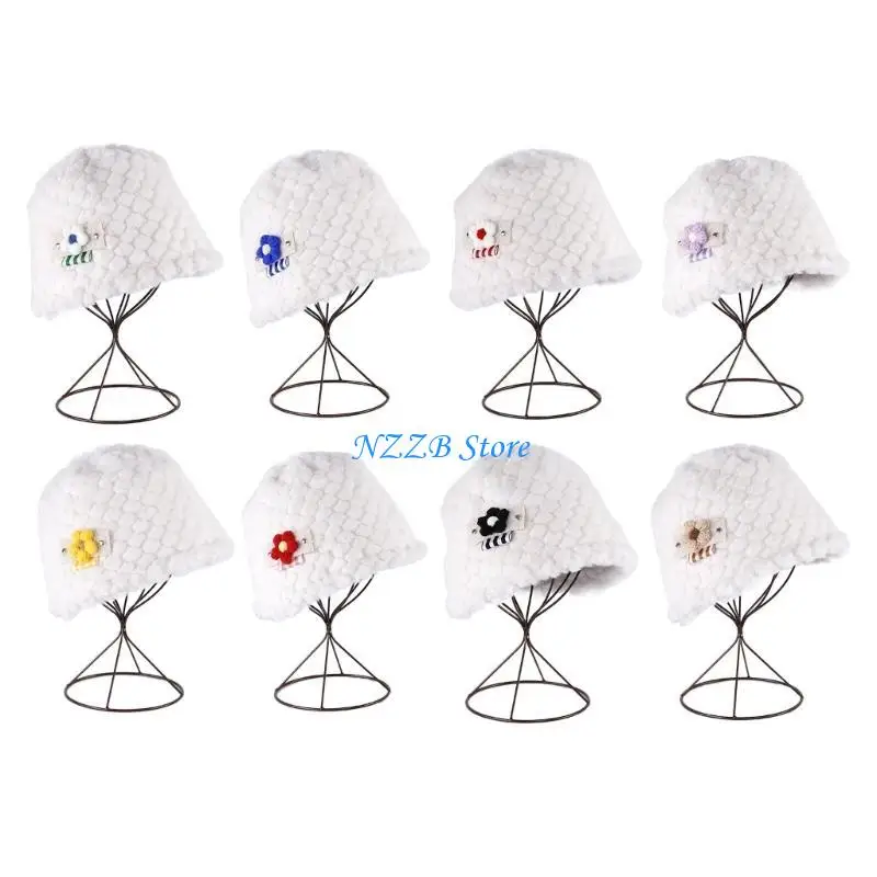 T21F النساء محبوك بيني قبعة زهرة الحياكة دلو القبعات اليدوية قاء زجاجي قبعات كروشيه صياد قبعة شتاء دافئ قبعة هدية #4