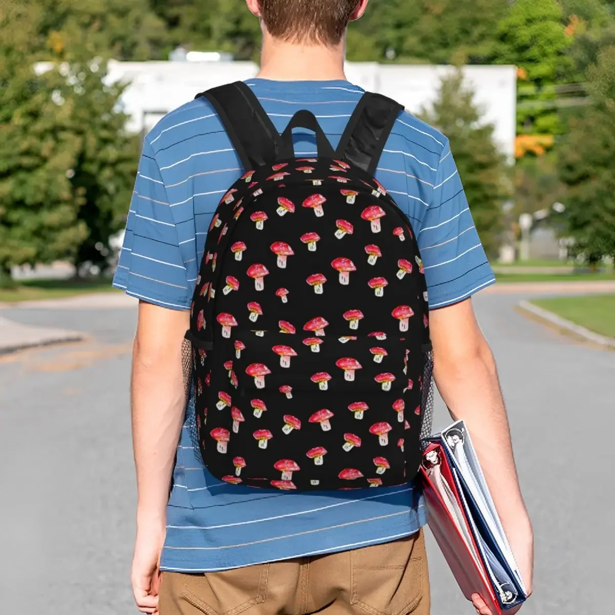 Pilze auf schwarzen Gouache Rucksack Jungen Mädchen Bücher tasche lässige Schüler Schult aschen Reise Rucksack Umhängetasche große Kapazität