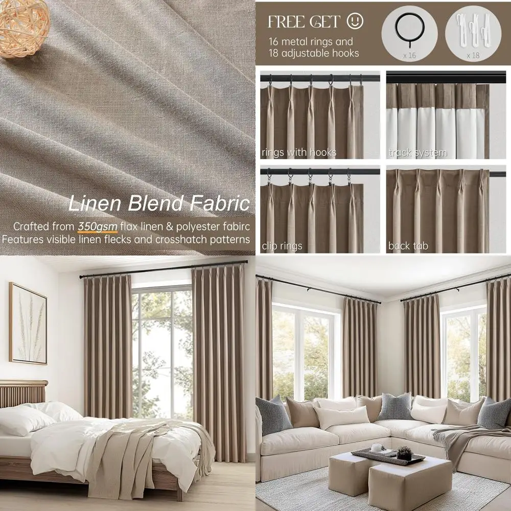 

Длинные льняные шторы с плиссировкой 96 Long Pinch Pleat, светонепроницаемые, с коричневыми креплениями и крючками в деревенском стиле, 2-панельный комплект 8 футов, цвет бежевый.