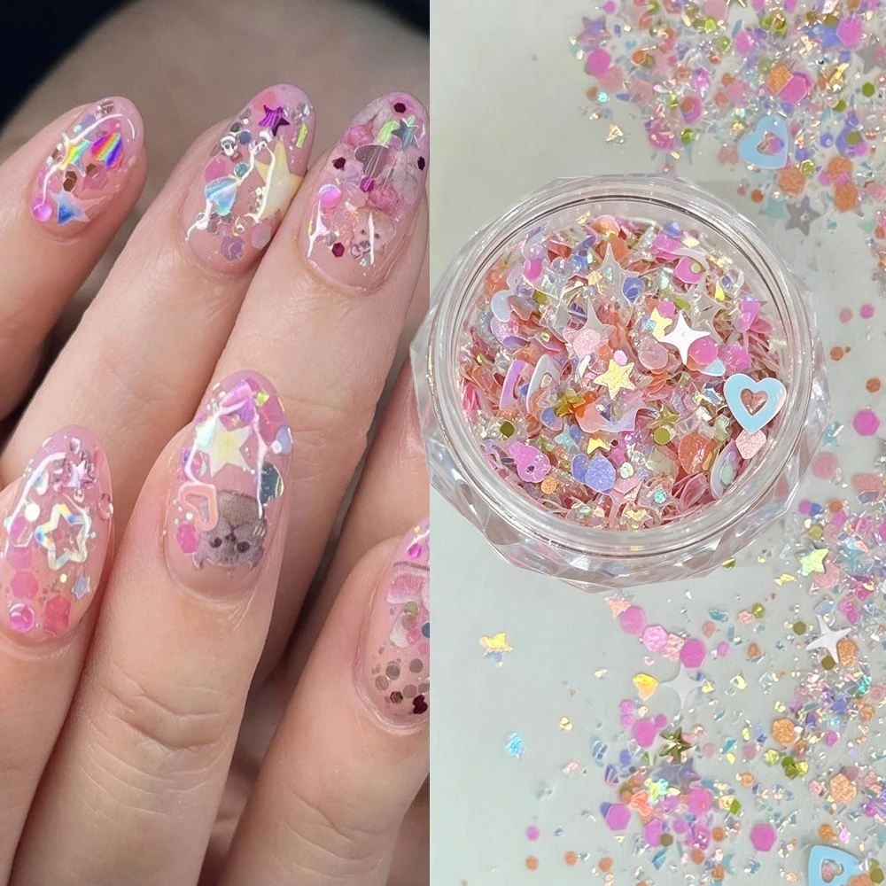 1 pot de paillettes holographiques colorées pour ongles, motifs sirène, cœurs, pentagrammes et étoiles, style Kawaii Y2K, décoration d'ongles tendance