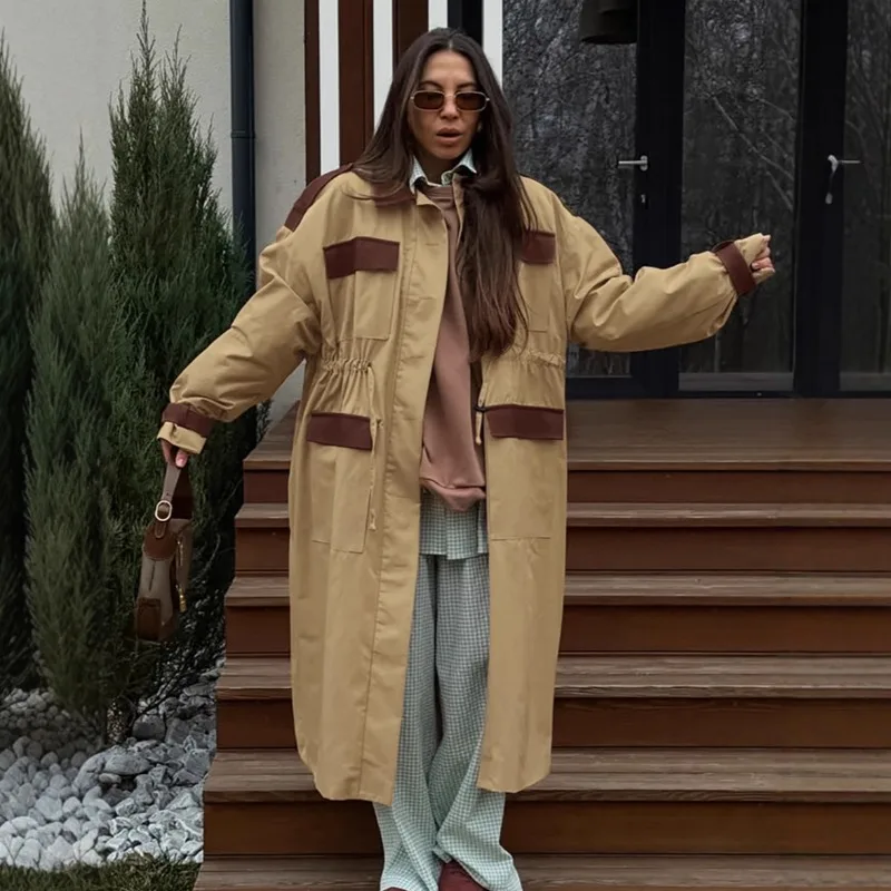 

New Minimalist Retro Color-blocking Lapel Jacket 2025 Autumn Khaki Long Trench Coat Women's Solid Color Long Sleeve Coat