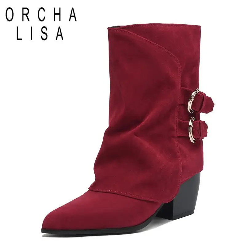 

ORCHA LISA 2025 Новые женские ботильоны с острым носком из флока, замшевые туфли на блочном каблуке 7 см, пряжки на ремне 41 42 43 Fashion Western Bota