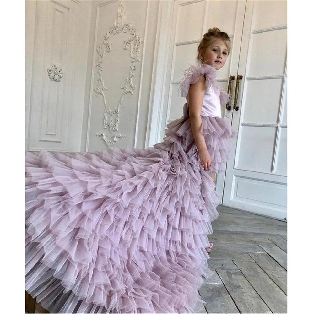 

Purple Layered Tulle Puffy Feathers With Bow Flower Girl Dress For Wedding Princess Child First Eucharistic Birthday Party Dress