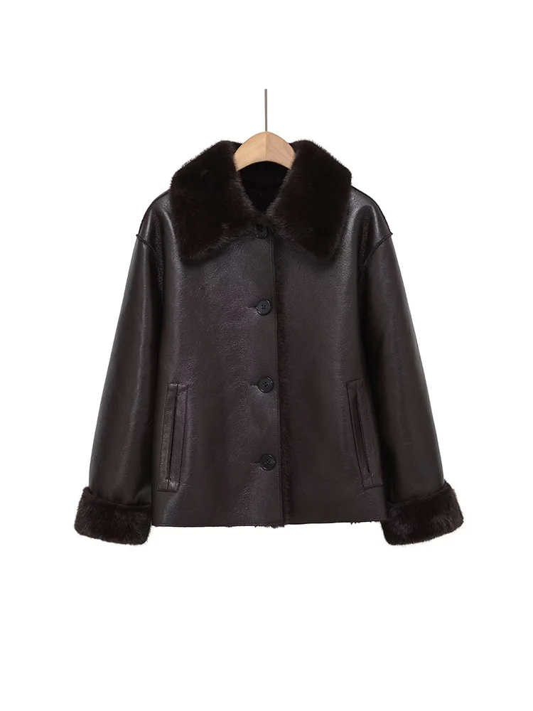 

Новая женская модная и универсальная двусторонняя теплая куртка из искусственной кожи с длинными рукавами в европейском стиле.