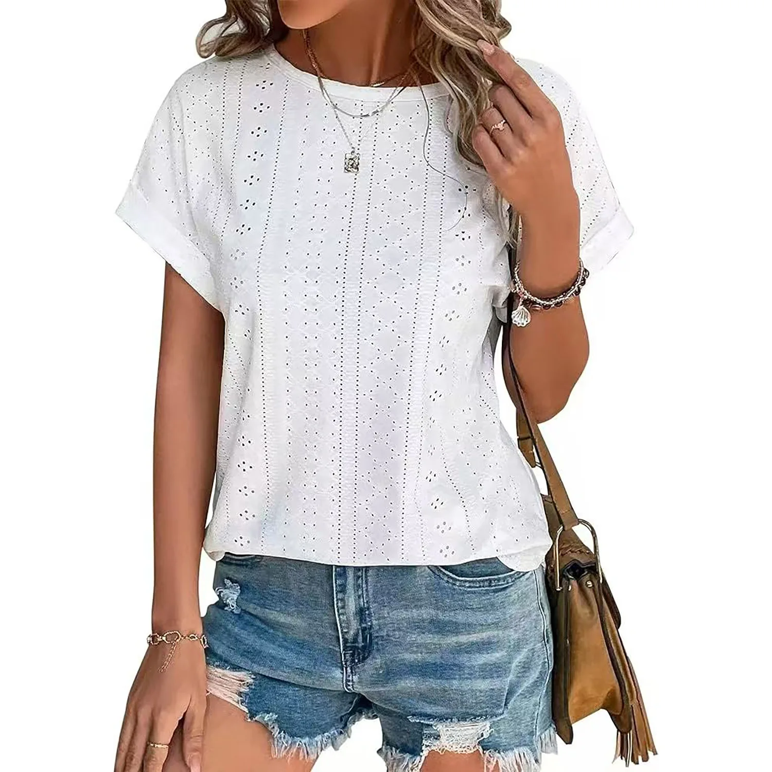 

2025 Hot Sells Summer Women's Pullover Fashion Casual Top Hollow Mesh O-Neck 13 Color T-shirt for Female