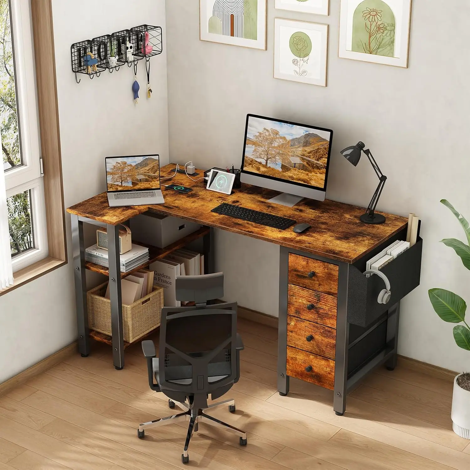 

L Shaped Desk with Drawers & Storage Shelves, 47 Inch Corner Computer Desk with Power Outlet for Home Office Bedroom