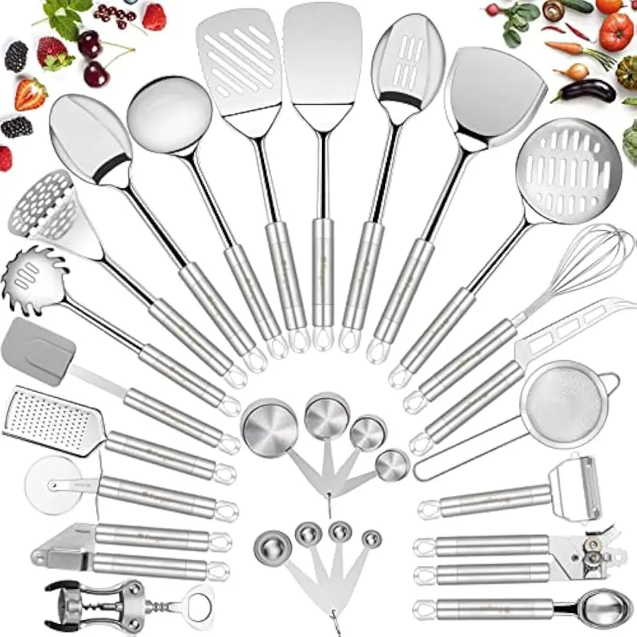 Stainless Steel Kitchen Utensil Set- Fungun 28 Pcs Cooking Nonstick Cookware Set with Spatula - Best Gadgets Tools Kitchen Acces