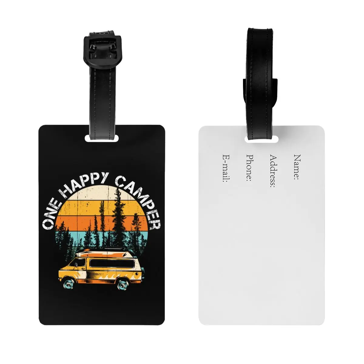 Vintage Sunset Happy Camper Luggage Tags Custom Adventure Camping Travel Car Baggage Tags Privacy Cover ID Label