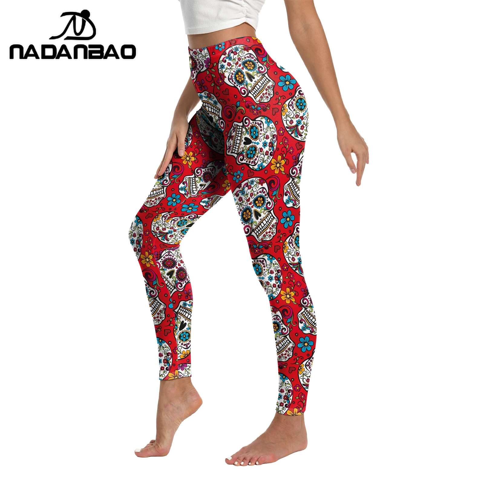 กางเกงเลกกิ้งพิมพ์ลายกะโหลกน้ำตาลหลากสีสำหรับผู้หญิง ฮาโลวีน วันแห่งความตาย แฟชั่นลำลอง กางเกงออกกำลังกายสำหรับผู้หญิง