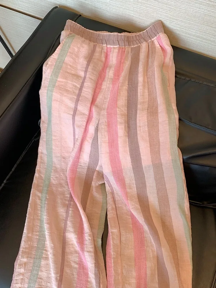 Été Faion ample jambe large coton lin pantalons décontractés femmes mince coupe droite pantalon rayures effet minceur