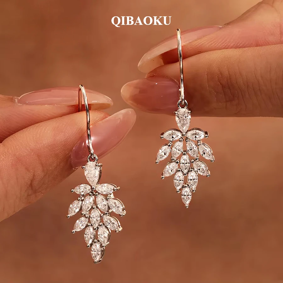QIBAOKU Leaf shape All Moissanite Drop Earrings Pure S925 Silver Marquise&Pear Diamond Ear Hook for Women Wedding Jewelry 2026