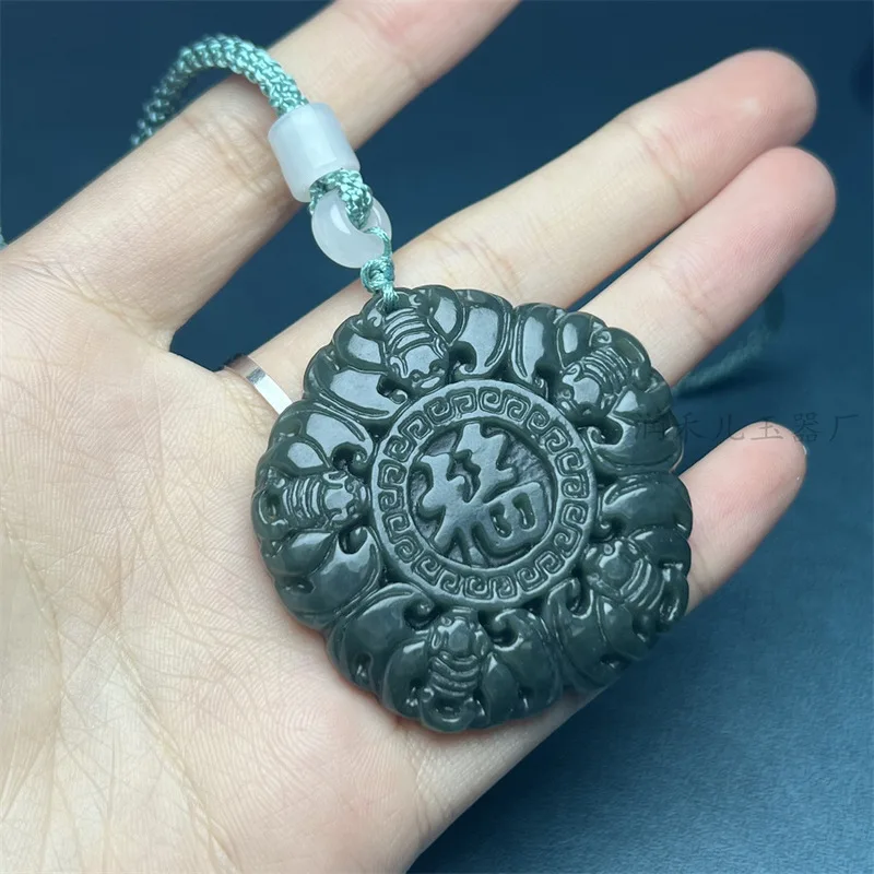 Natural Five Arrive At Door , Hotan Green Jade Blessings Before Your Eyes Pendant, Fu Lu C