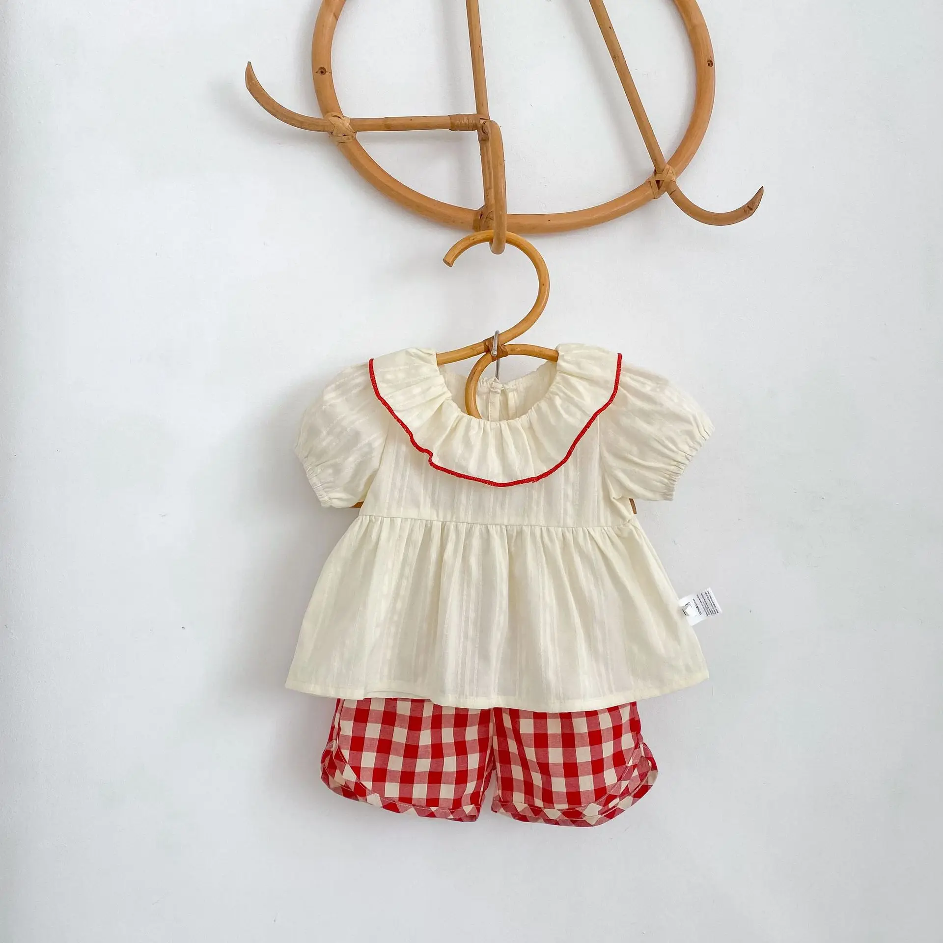 Girls' Summer New Set Ruffle Short Sleeve Top Plaid Pants Two-Piece Baby Thin Cotton Clothes