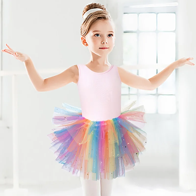 Танцевальная майка-пачка для девочек, балетное танцевальное трико для детей, танцевальная практика с блестящим дизайном и юбкой на промежности