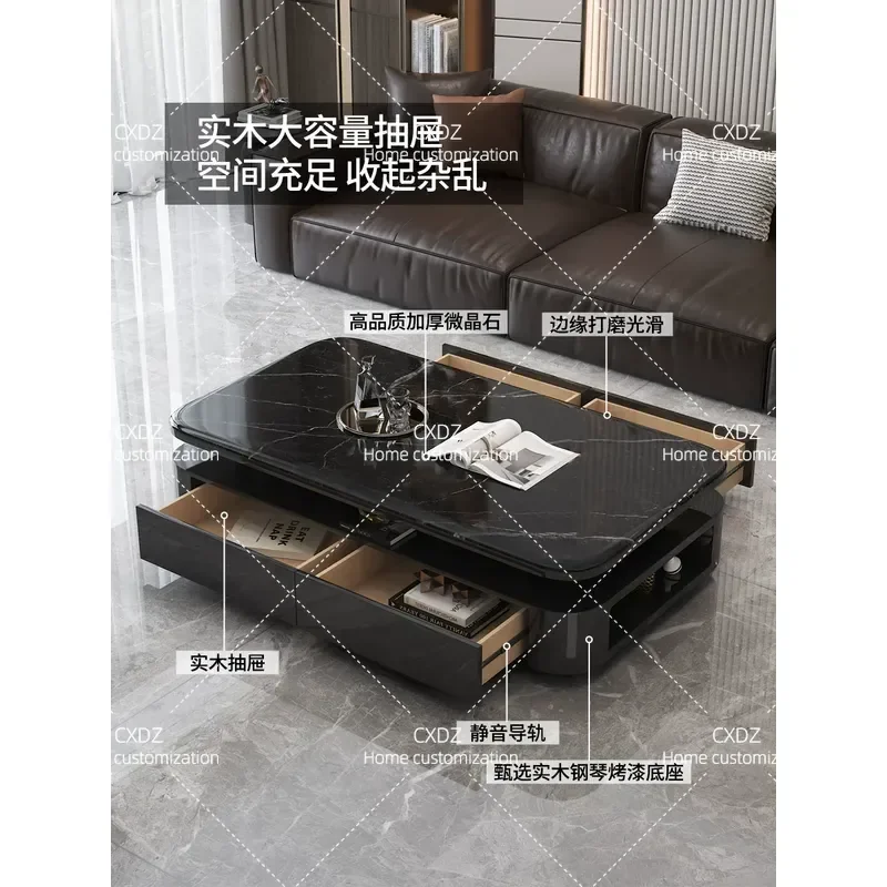 Solid Wood Piano Finish Microcrystalline Stone Coffee Table Modern Minimalist Rectangular Storage High End Living Room