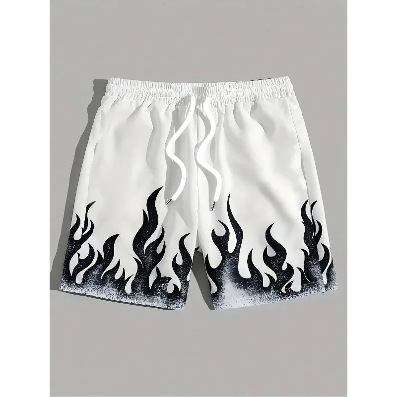 Men's Fashion Printed Beach Shorts, Flame Printed - Casual Polyester Drawstring Waist, Light and Comfortable in Summernvv