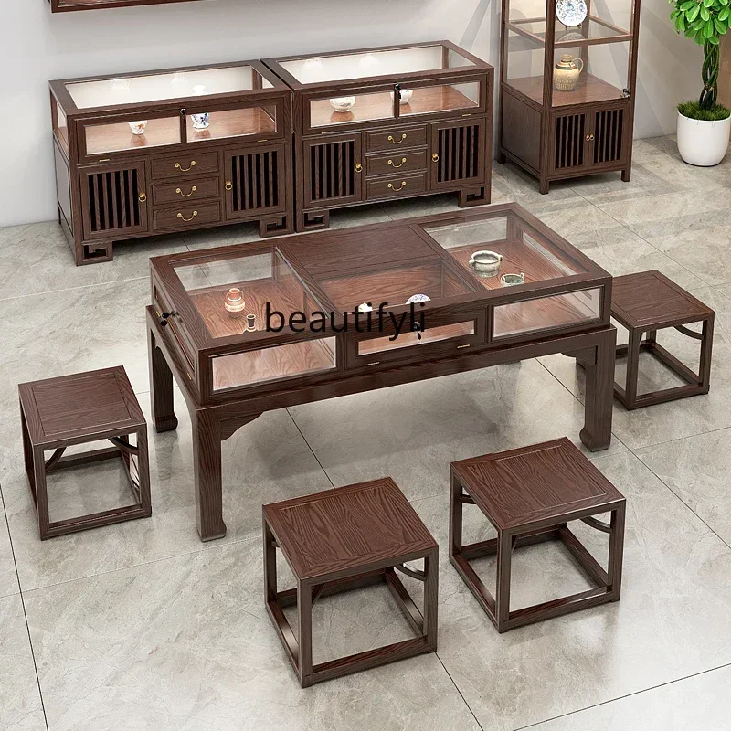 ltNew Chinese solid wood display jewelry counter jewelry glass negotiation table container island cabinet