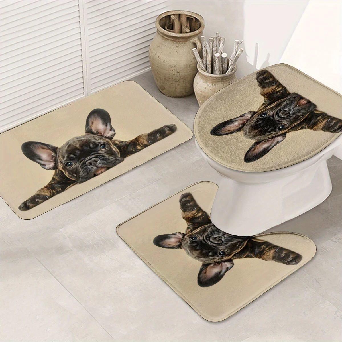 

Набор из 3 ковриков для ванной комнаты с милой собакой, французским бульдогом, нескользящим ковриком для ванной, чехлом на сиденье унитаза и U-образным ковриком