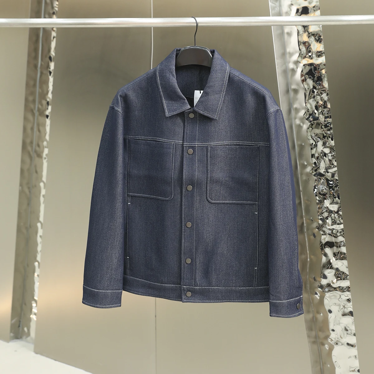 

High-Ounce King Cowhide Casual Western Sle Collared Men's Denim Jaet Fall Faion Stand Fit Long Sve Urban Sle