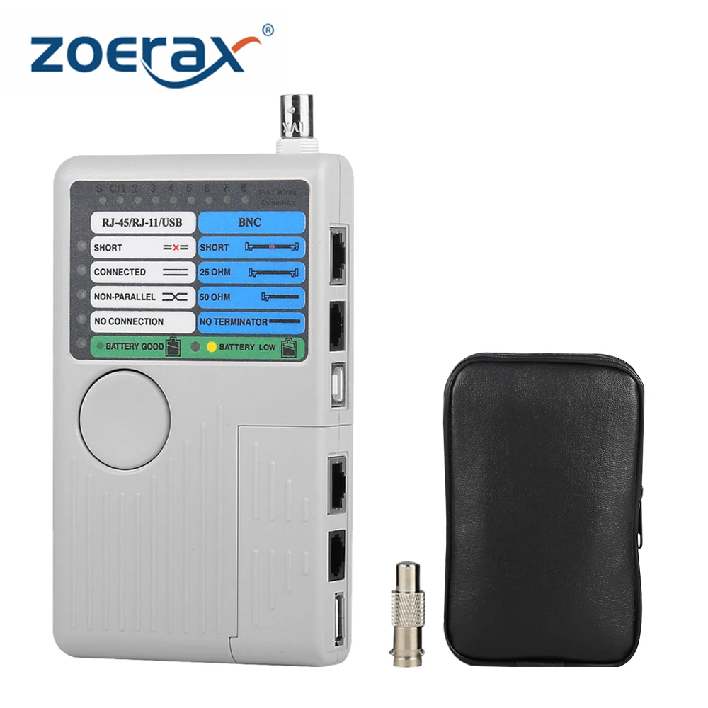 ZoeRax 4-in-1 RJ45 Network& Phone Multi-Cable Tester with LED Display for RJ11/RJ45/BNC/USB, 90m Range, 9V Powered Wire Tester